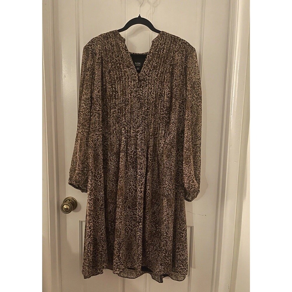 MSK Women’s Brown Leopard Print Long Sleeve Pintucked Midi Shirt Dress Size 20W